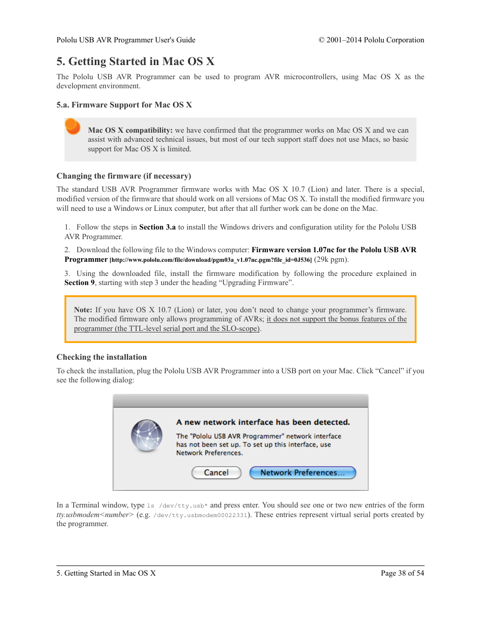 Getting started in mac os x, A. firmware support for mac os x, Changing the firmware (if necessary) | Checking the installation | Pololu USB AVR User Manual | Page 38 / 54