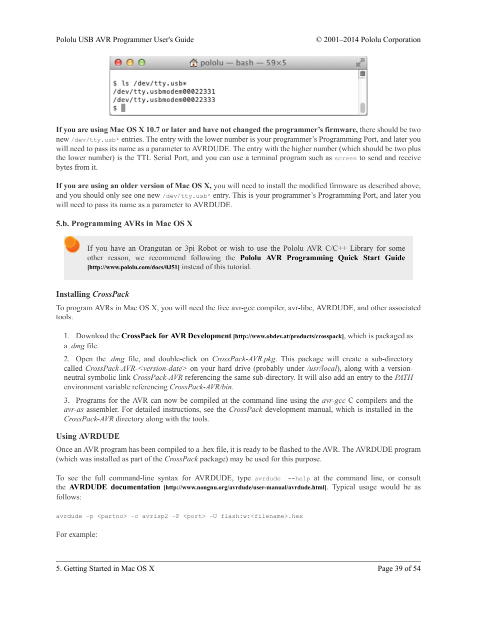 B. programming avrs in mac os x, Installing crosspack, Using avrdude | Pololu USB AVR User Manual | Page 39 / 54