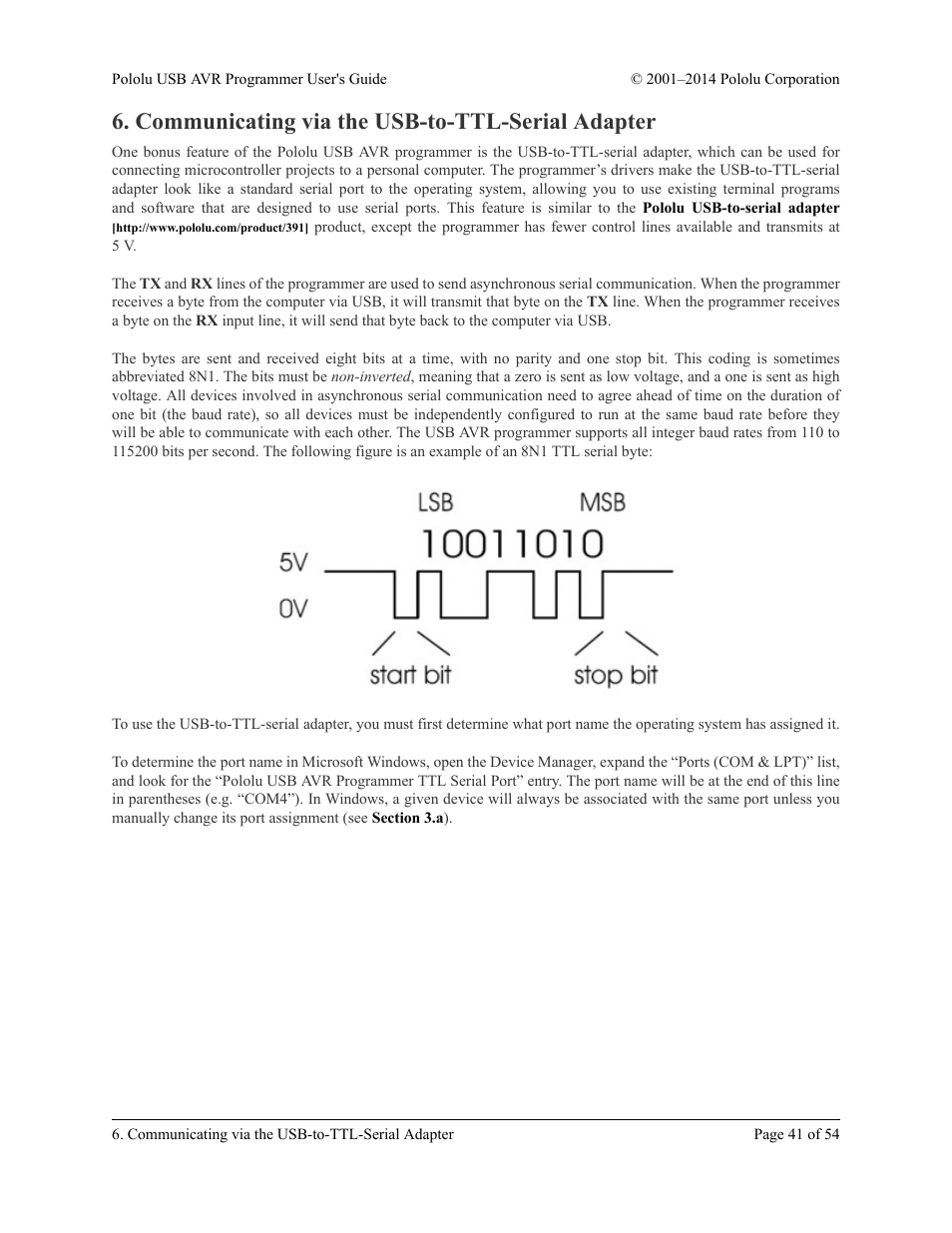 Communicating via the usb-to-ttl-serial adapter, Section 6 | Pololu USB AVR User Manual | Page 41 / 54