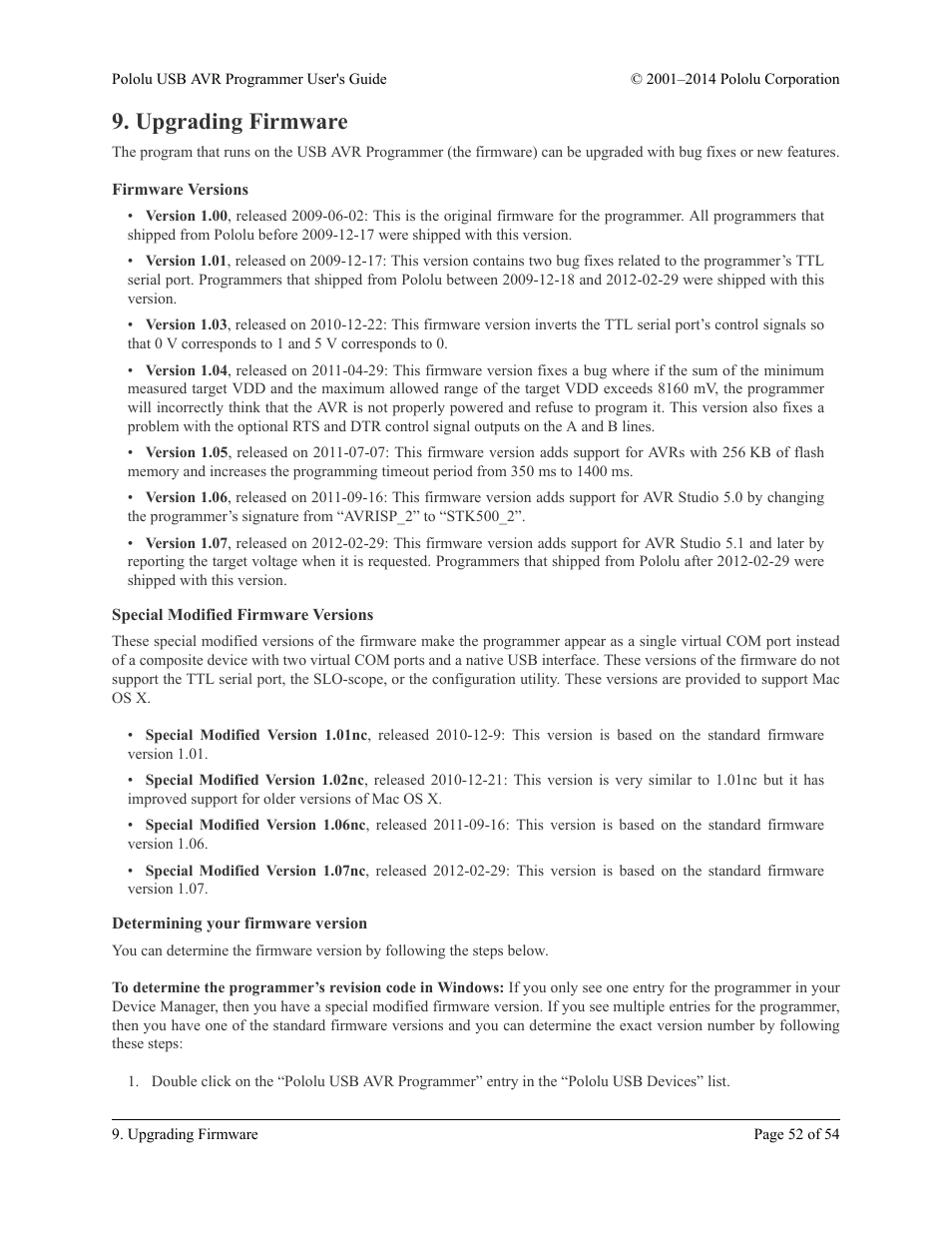Upgrading firmware, Firmware versions, Special modified firmware versions | Determining your firmware version, Section 9 | Pololu USB AVR User Manual | Page 52 / 54