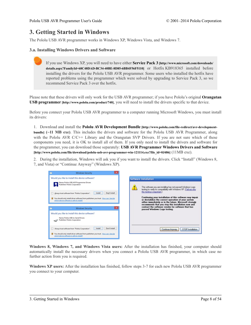 Getting started in windows, A. installing windows drivers and software | Pololu USB AVR User Manual | Page 8 / 54