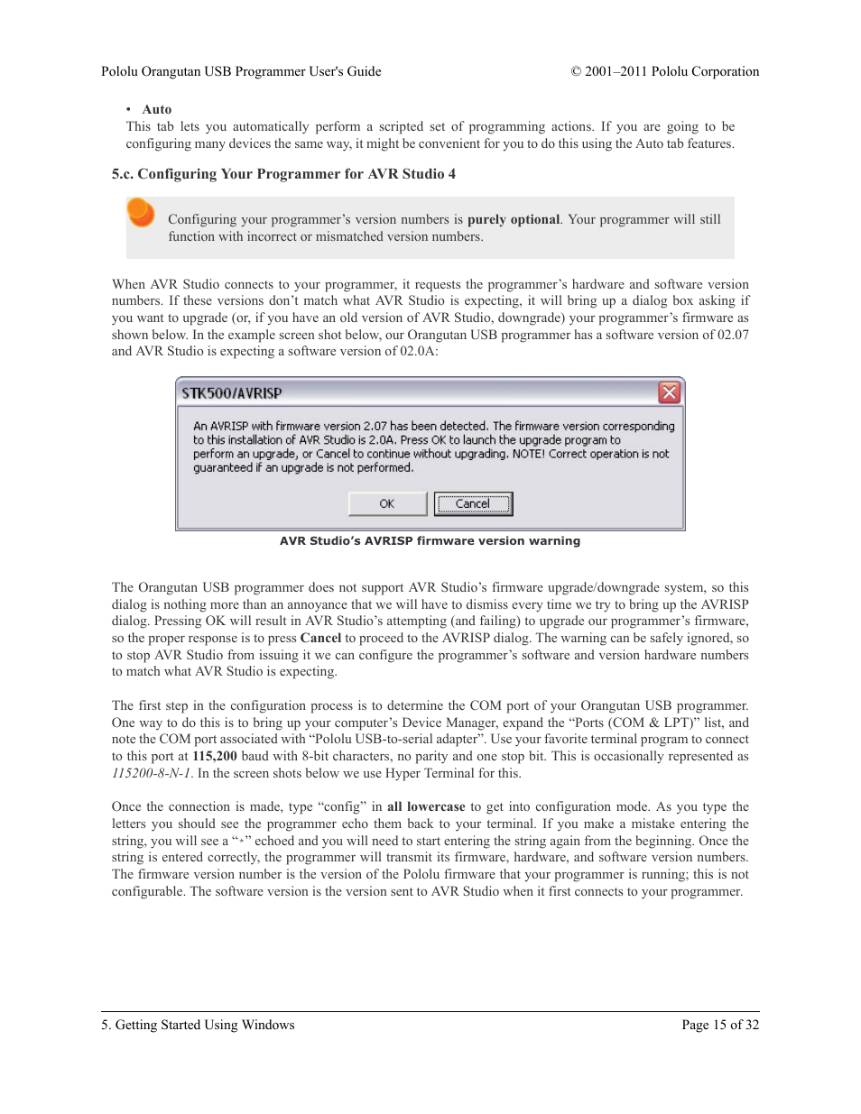 C. configuring your programmer for avr studio 4 | Pololu Orangutan USB User Manual | Page 15 / 32