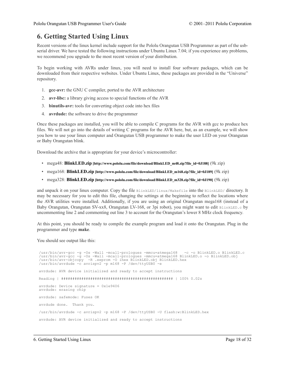 Getting started using linux | Pololu Orangutan USB User Manual | Page 18 / 32