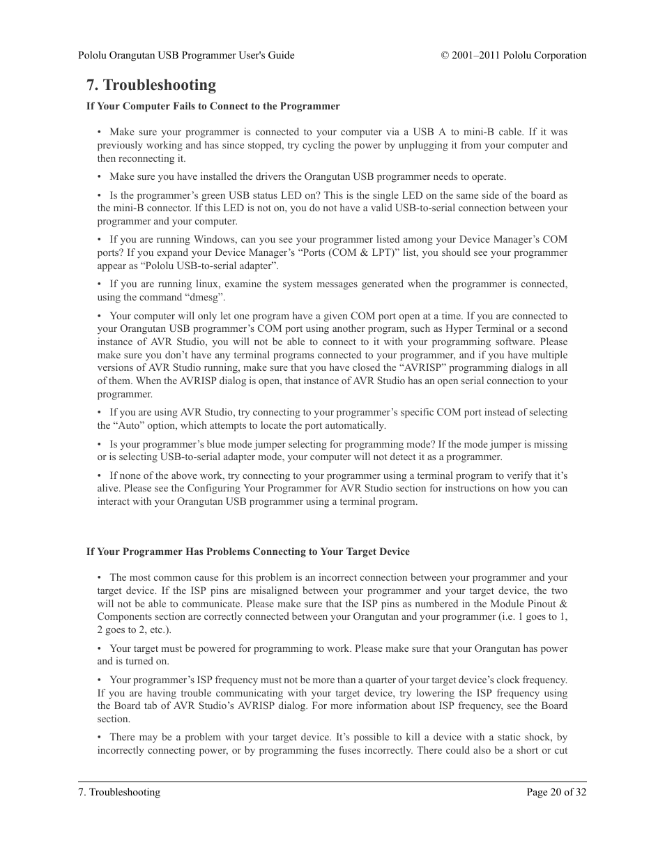 Troubleshooting | Pololu Orangutan USB User Manual | Page 20 / 32