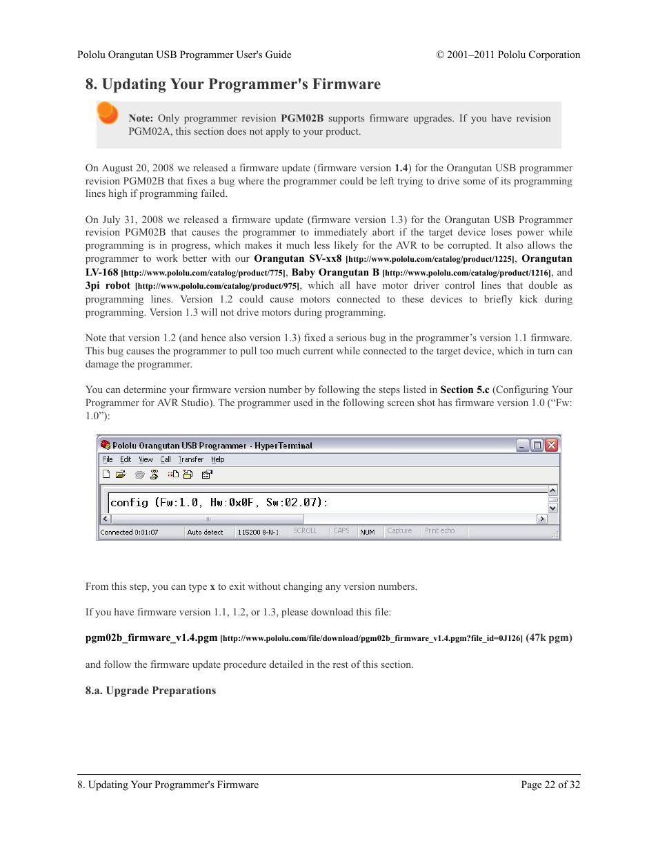 Updating your programmer's firmware, A. upgrade preparations, Updating your programmer’s firmware | Pololu Orangutan USB User Manual | Page 22 / 32