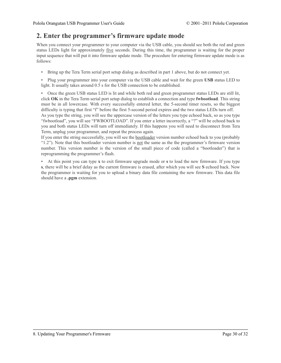 Enter the programmer’s firmware update mode | Pololu Orangutan USB User Manual | Page 30 / 32