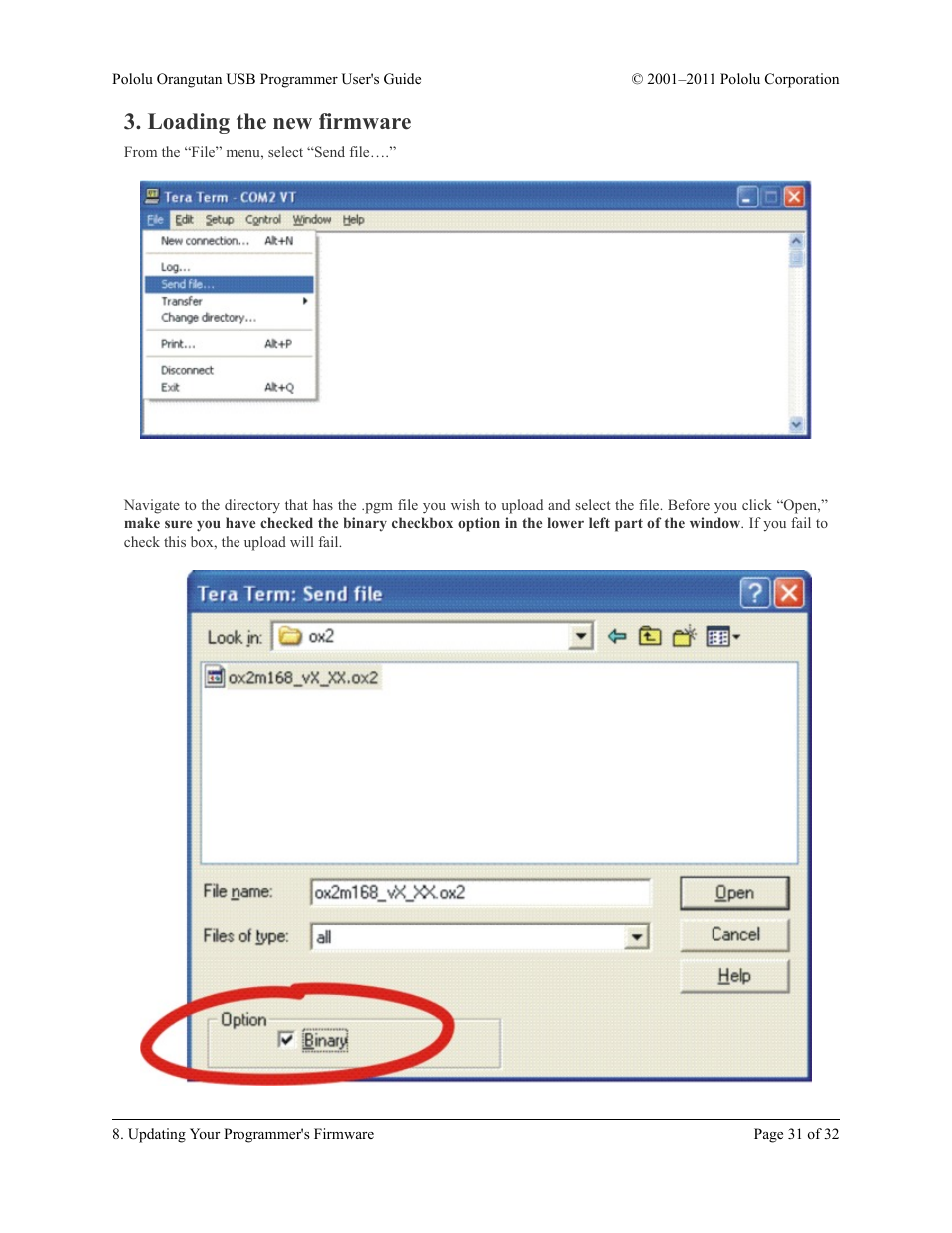 Loading the new firmware | Pololu Orangutan USB User Manual | Page 31 / 32
