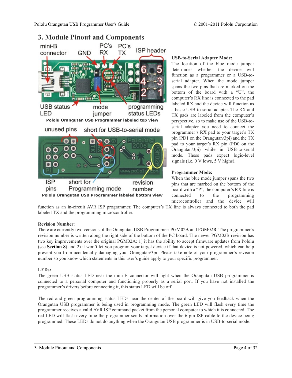 Module pinout and components | Pololu Orangutan USB User Manual | Page 4 / 32