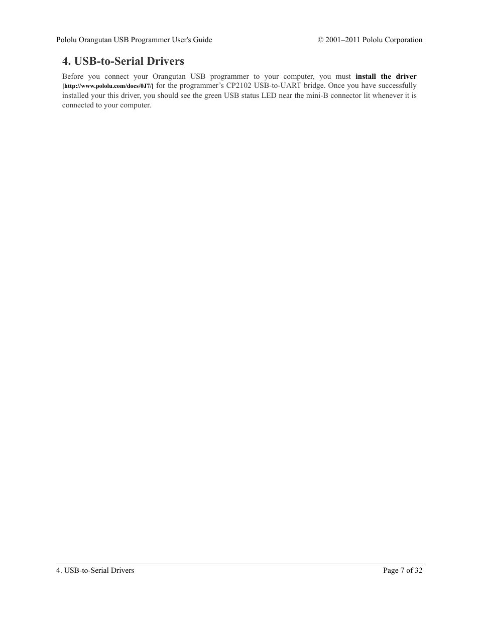 Usb-to-serial drivers | Pololu Orangutan USB User Manual | Page 7 / 32