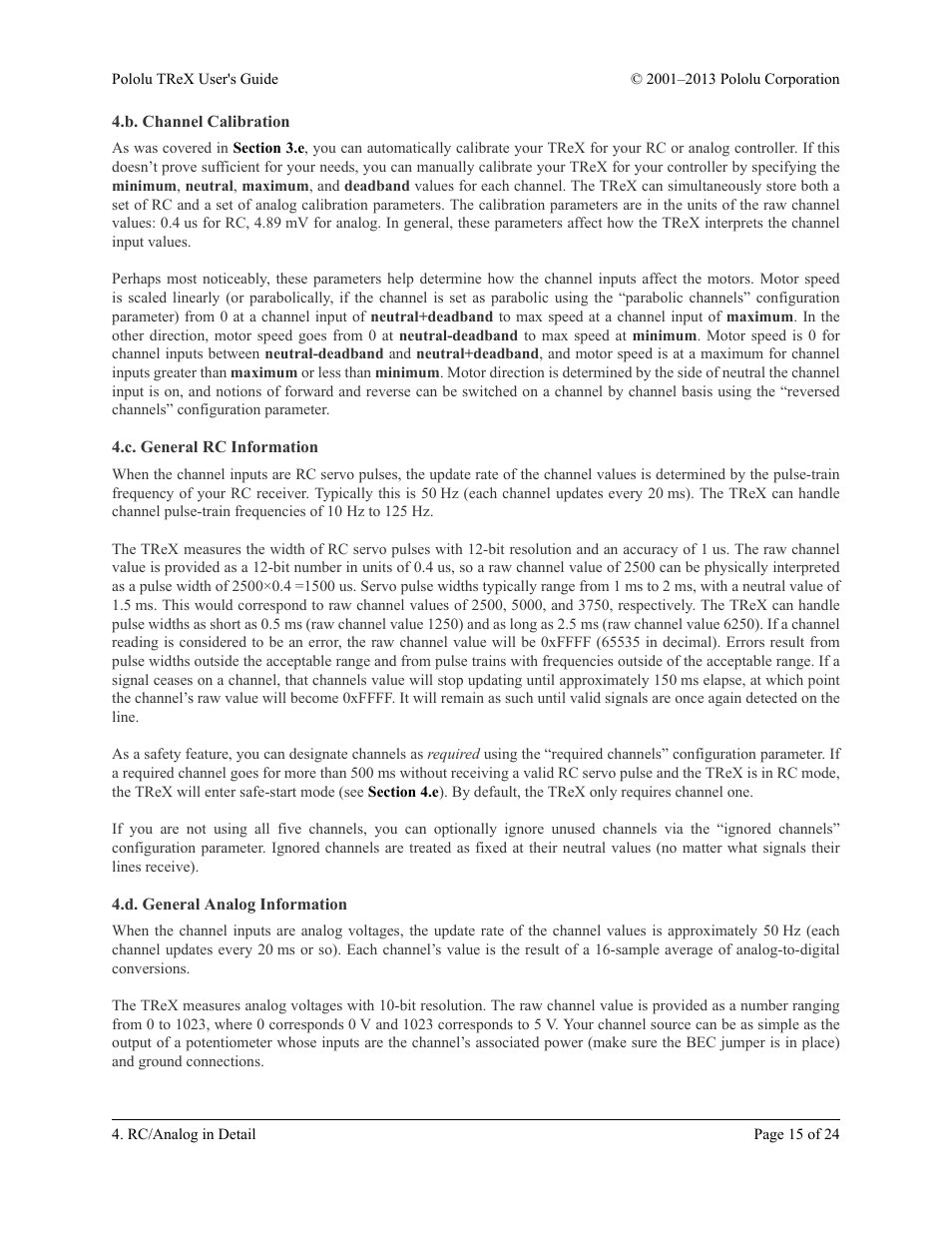 B. channel calibration, C. general rc information, D. general analog information | Pololu TReX User Manual | Page 15 / 24