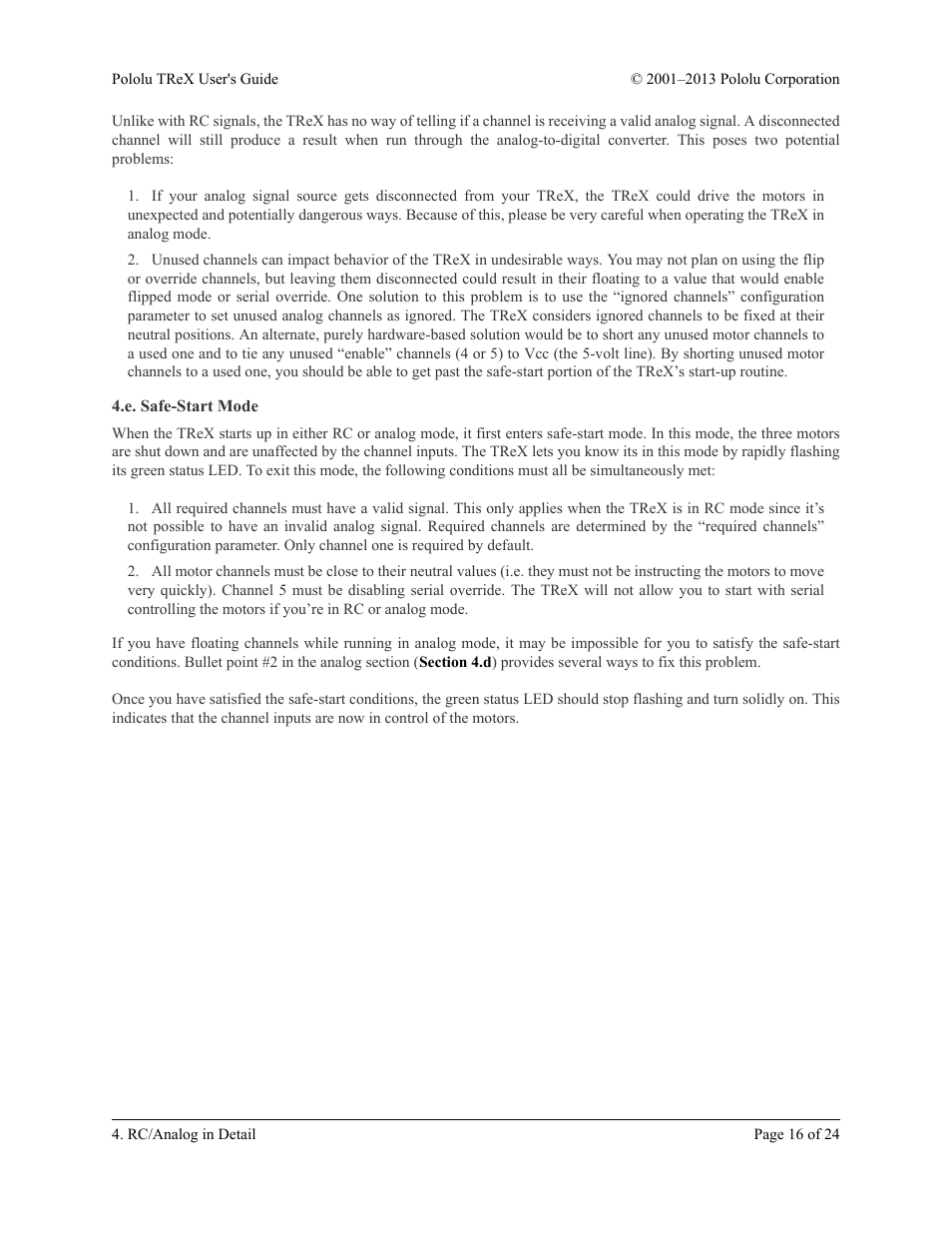 E. safe-start mode, Section 4.e | Pololu TReX User Manual | Page 16 / 24