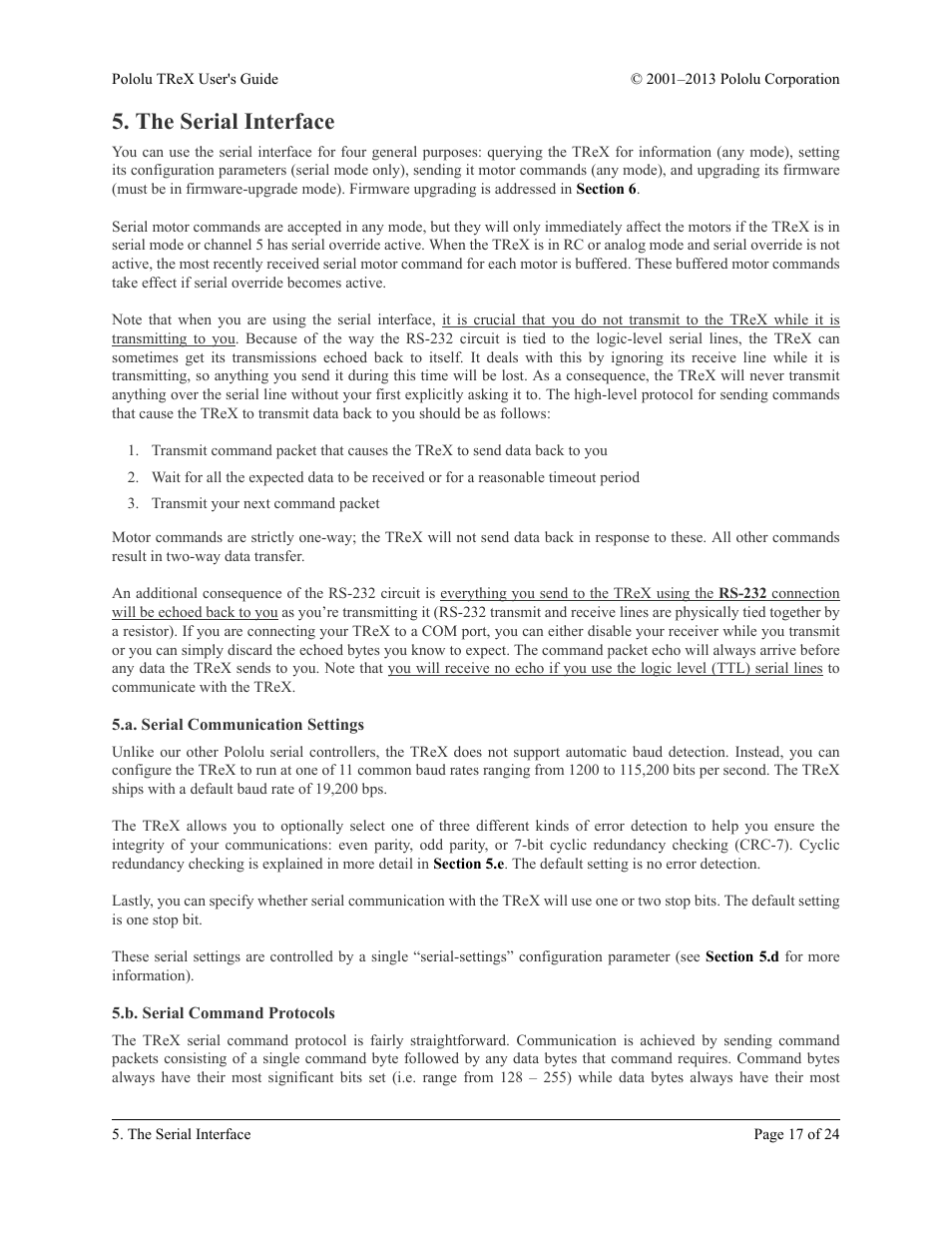 The serial interface, A. serial communication settings, B. serial command protocols | Pololu TReX User Manual | Page 17 / 24