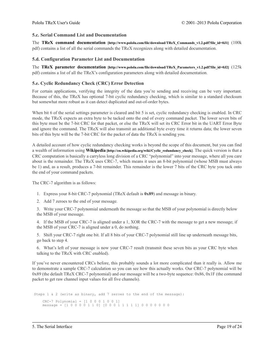 C. serial command list and documentation, D. configuration parameter list and documentation, E. cyclic redundancy check (crc) error detection | Section 5.e, Section 5.d | Pololu TReX User Manual | Page 19 / 24