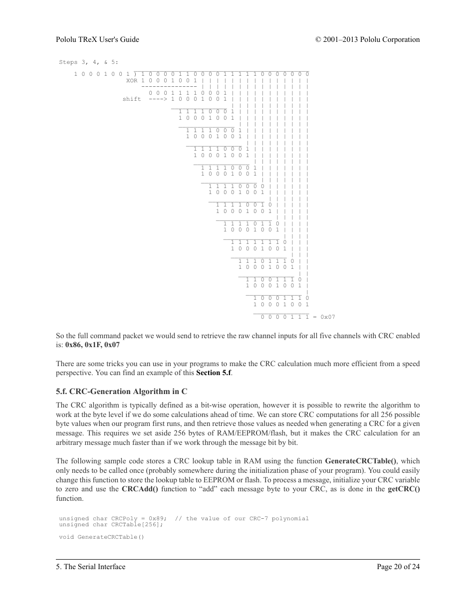 F. crc-generation algorithm in c | Pololu TReX User Manual | Page 20 / 24