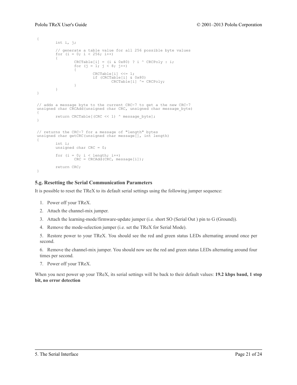 G. resetting the serial communication parameters | Pololu TReX User Manual | Page 21 / 24