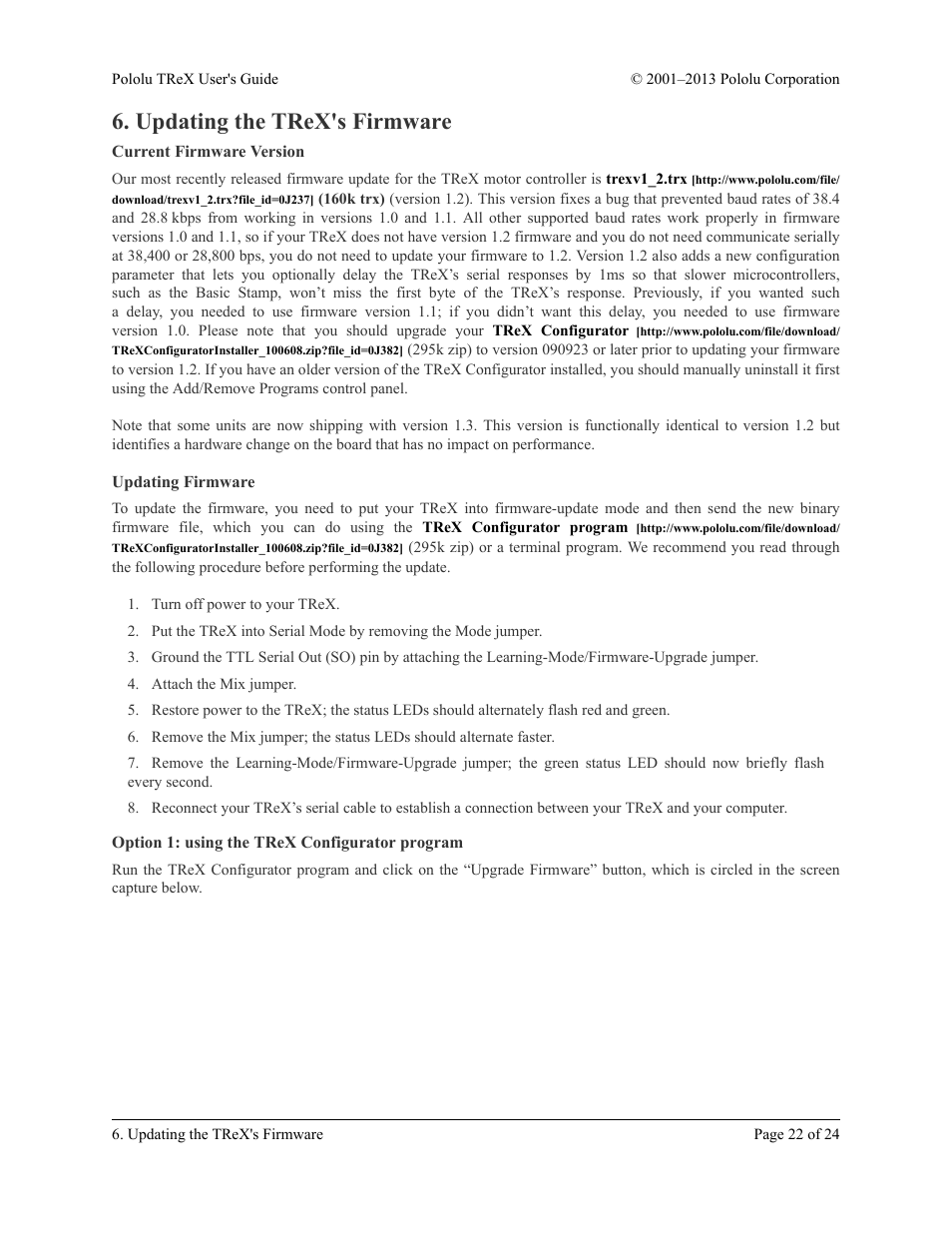 Updating the trex's firmware, Current firmware version, Updating firmware | Option 1: using the trex configurator program, Section 6 | Pololu TReX User Manual | Page 22 / 24