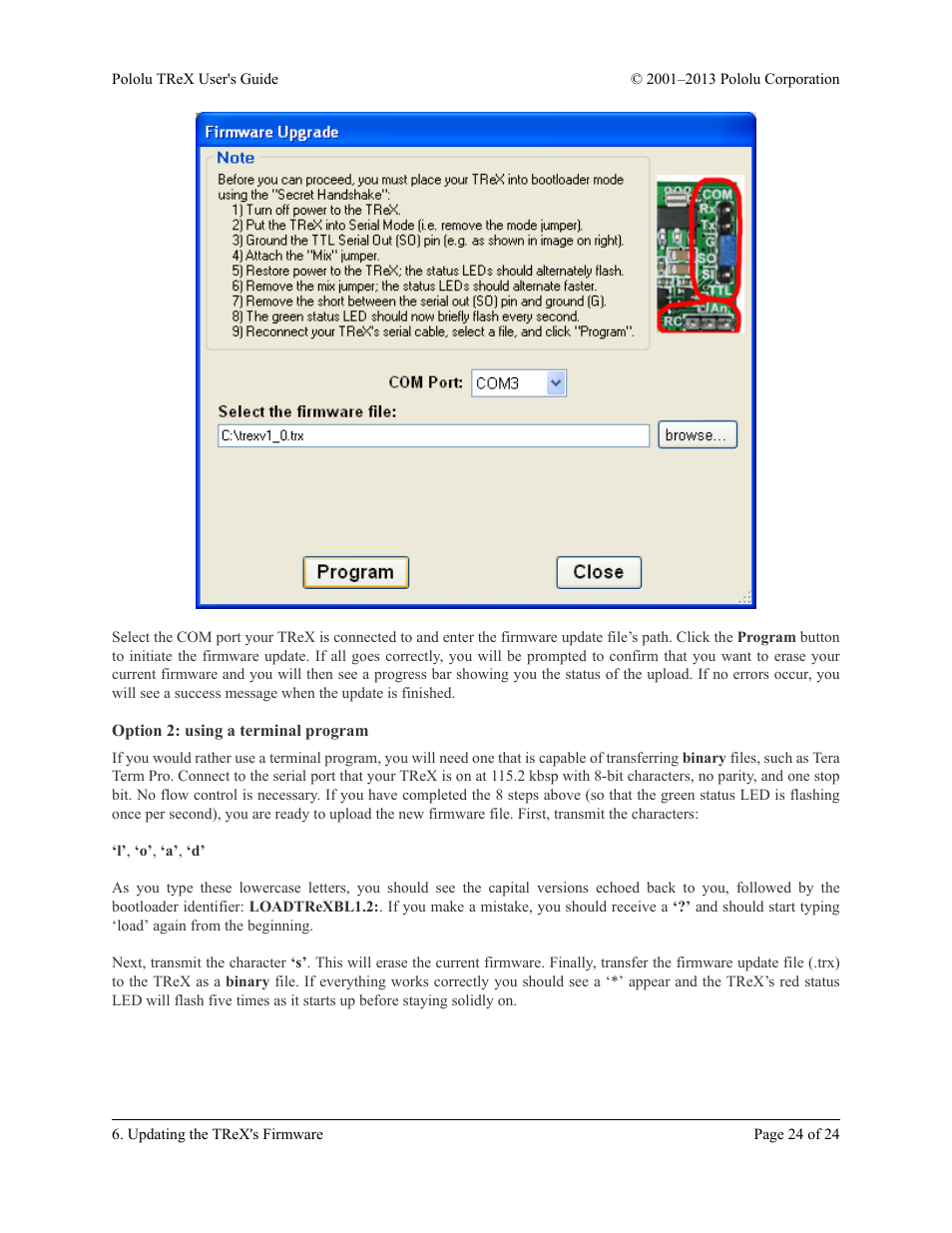 Option 2: using a terminal program | Pololu TReX User Manual | Page 24 / 24