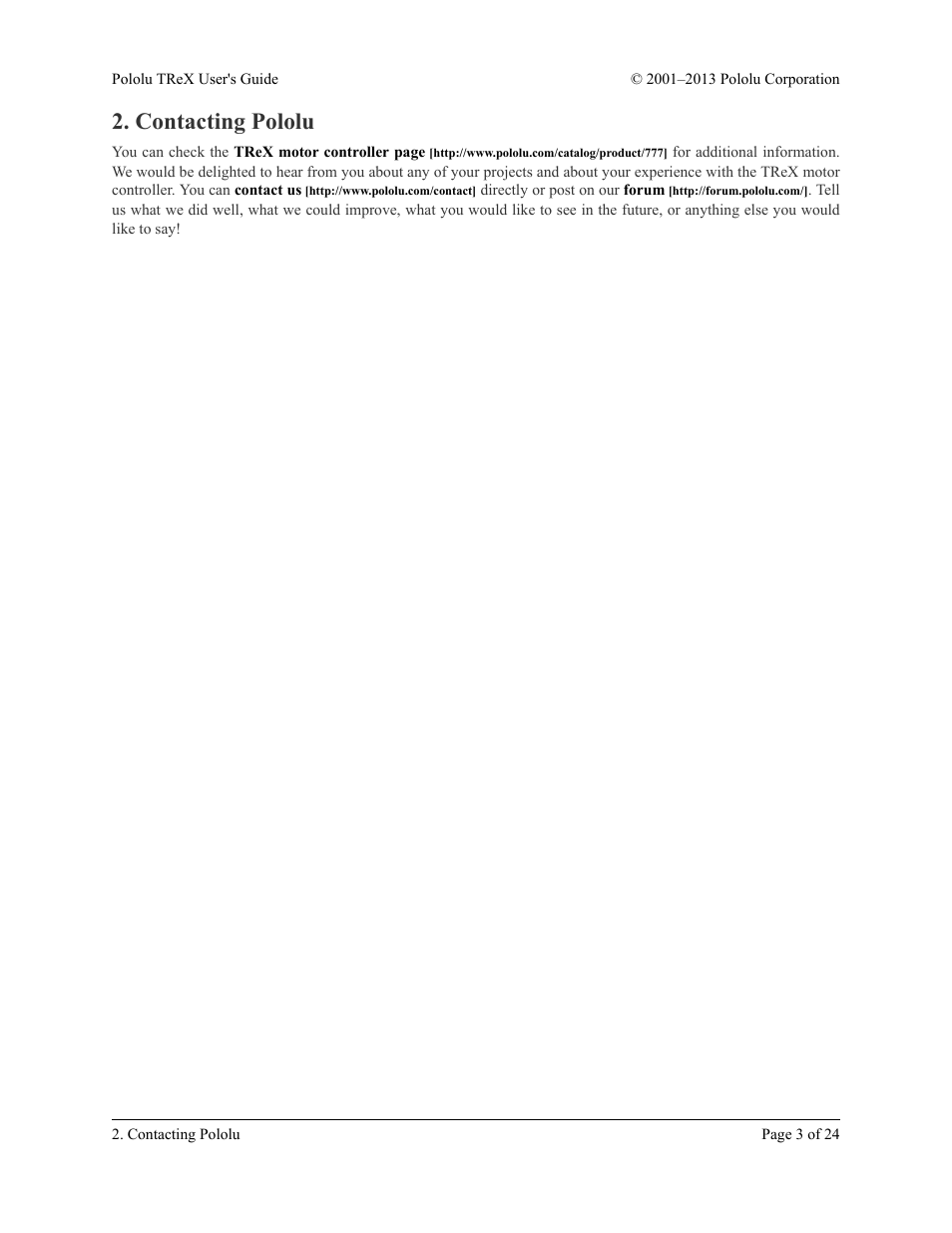 Contacting pololu | Pololu TReX User Manual | Page 3 / 24