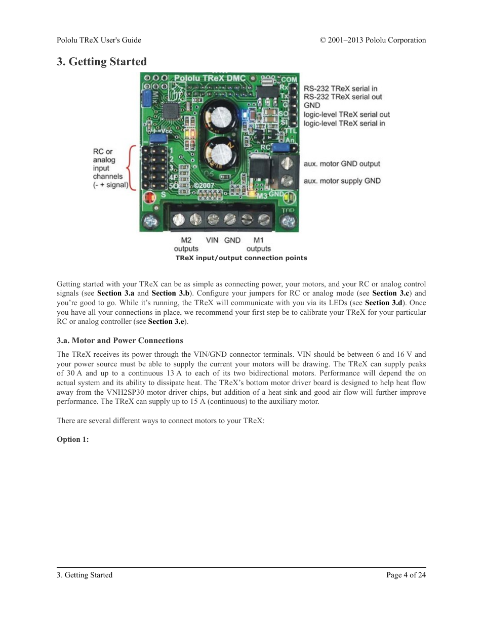 Getting started, A. motor and power connections | Pololu TReX User Manual | Page 4 / 24