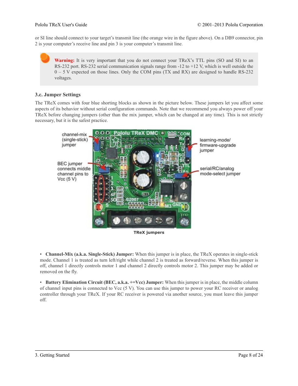C. jumper settings, Section 3.c | Pololu TReX User Manual | Page 8 / 24