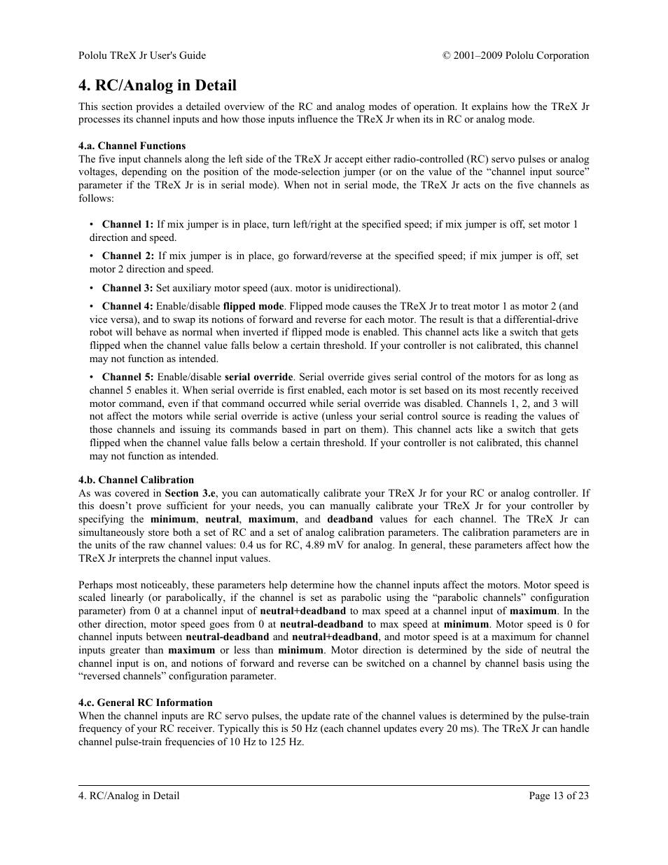 Rc/analog in detail, A. channel functions, B. channel calibration | C. general rc information | Pololu TReX Jr User Manual | Page 13 / 23
