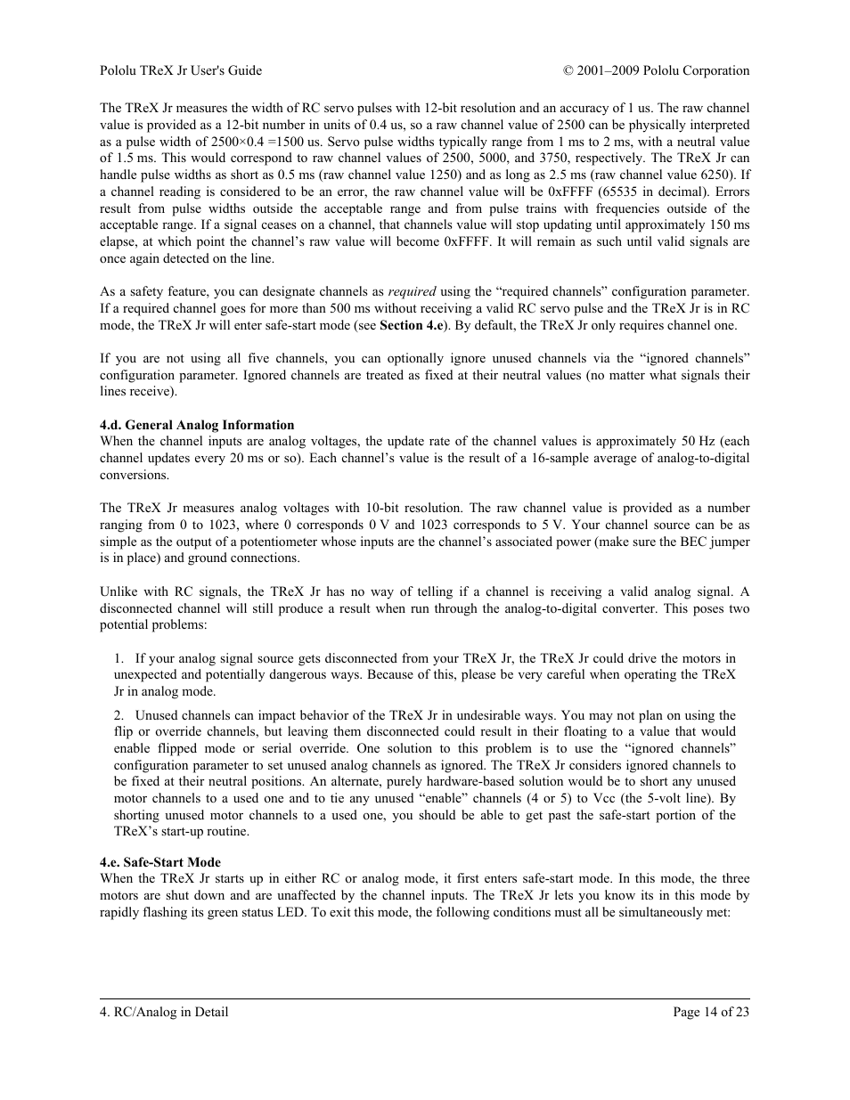 D. general analog information, E. safe-start mode, D. general analog information 4.e. safe-start mode | Pololu TReX Jr User Manual | Page 14 / 23