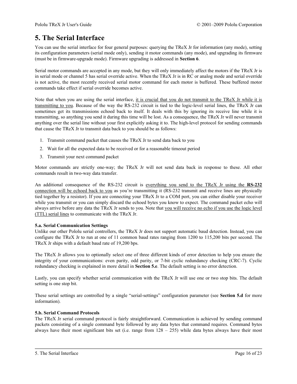 The serial interface, A. serial communication settings, B. serial command protocols | Pololu TReX Jr User Manual | Page 16 / 23