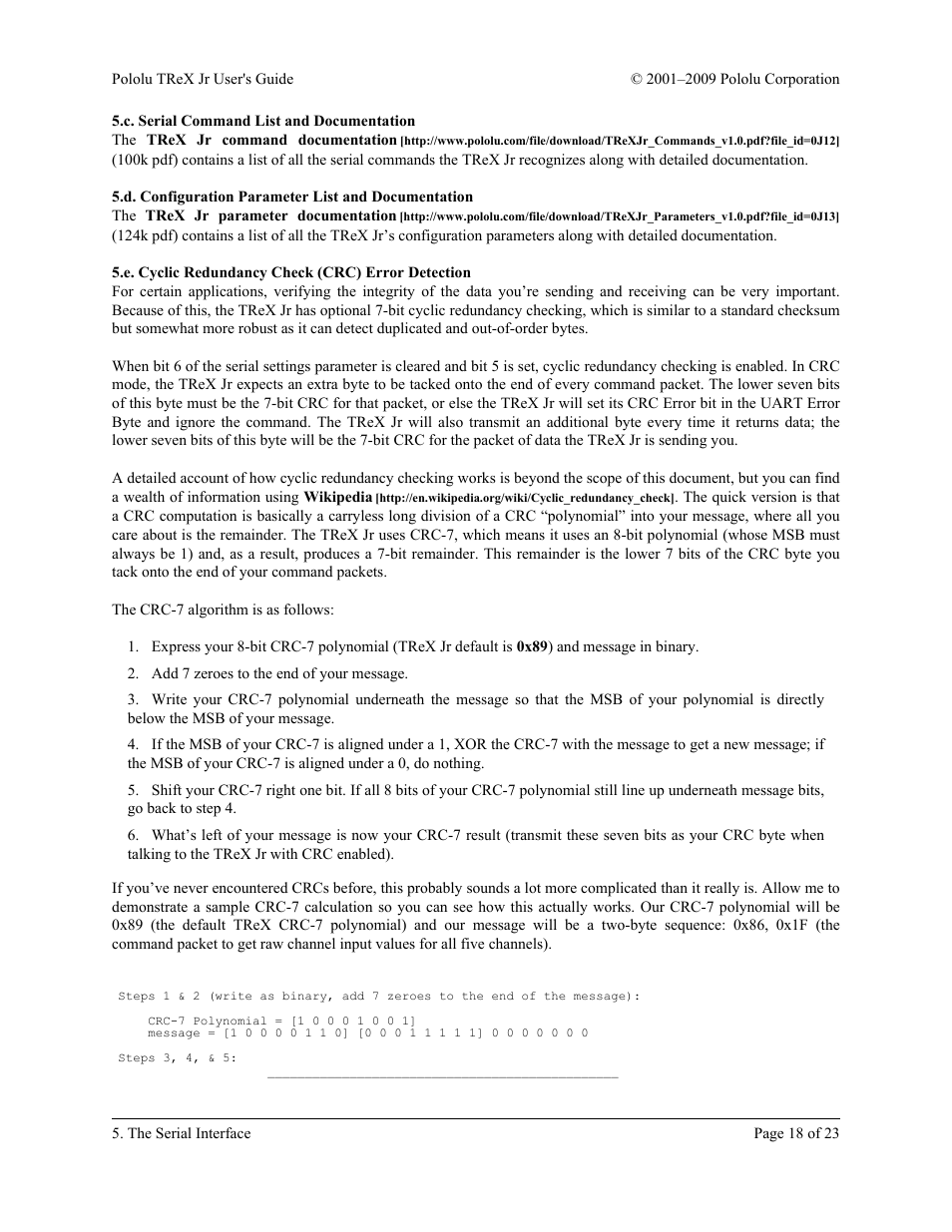 C. serial command list and documentation, D. configuration parameter list and documentation, E. cyclic redundancy check (crc) error detection | Pololu TReX Jr User Manual | Page 18 / 23