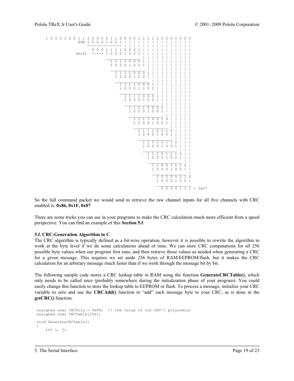 F. crc-generation algorithm in c | Pololu TReX Jr User Manual | Page 19 / 23