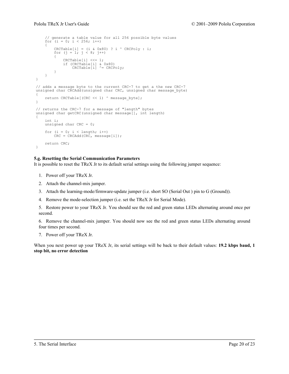G. resetting the serial communication parameters | Pololu TReX Jr User Manual | Page 20 / 23