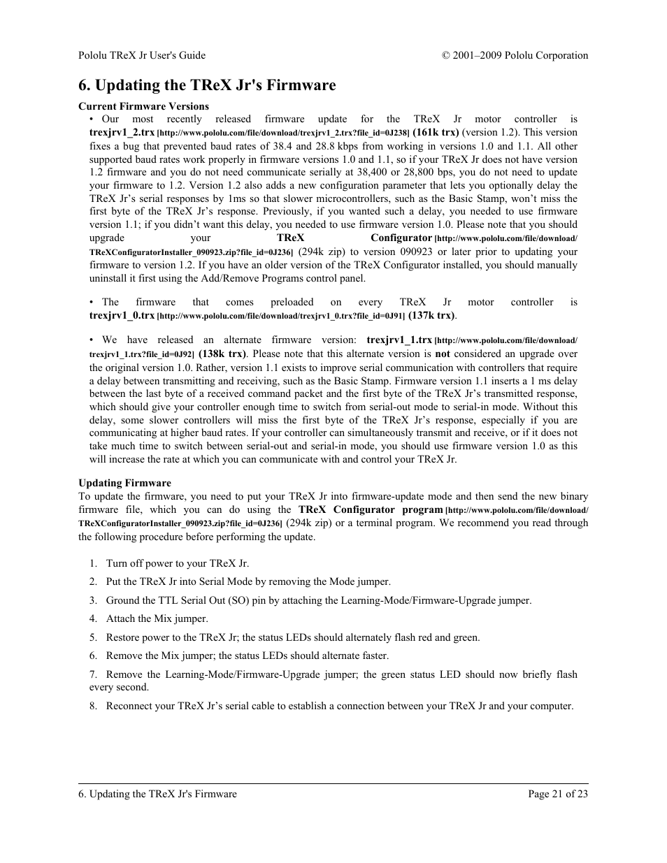 Updating the trex jr's firmware, Current firmware versions, Updating firmware | Updating the trex jr’s firmware | Pololu TReX Jr User Manual | Page 21 / 23