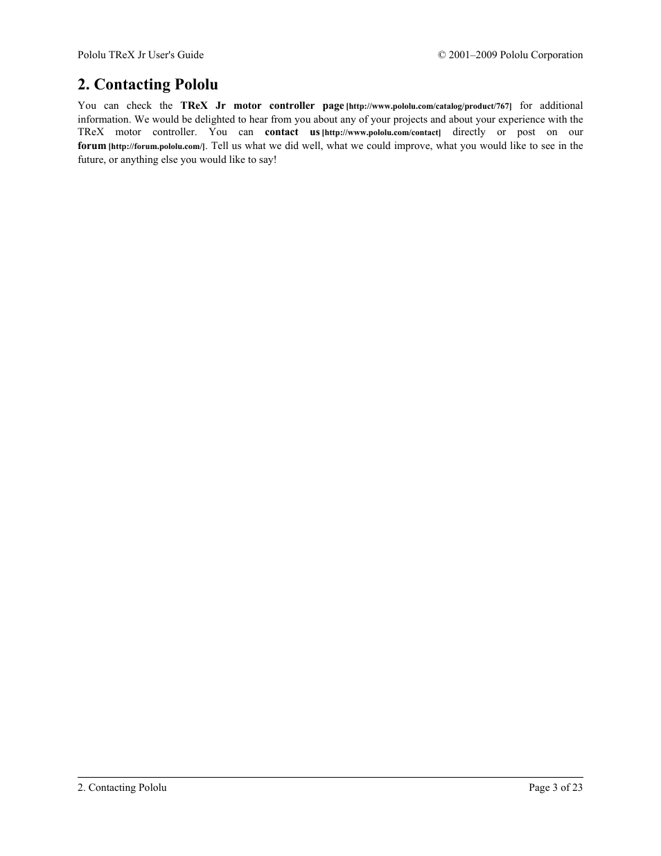 Contacting pololu | Pololu TReX Jr User Manual | Page 3 / 23