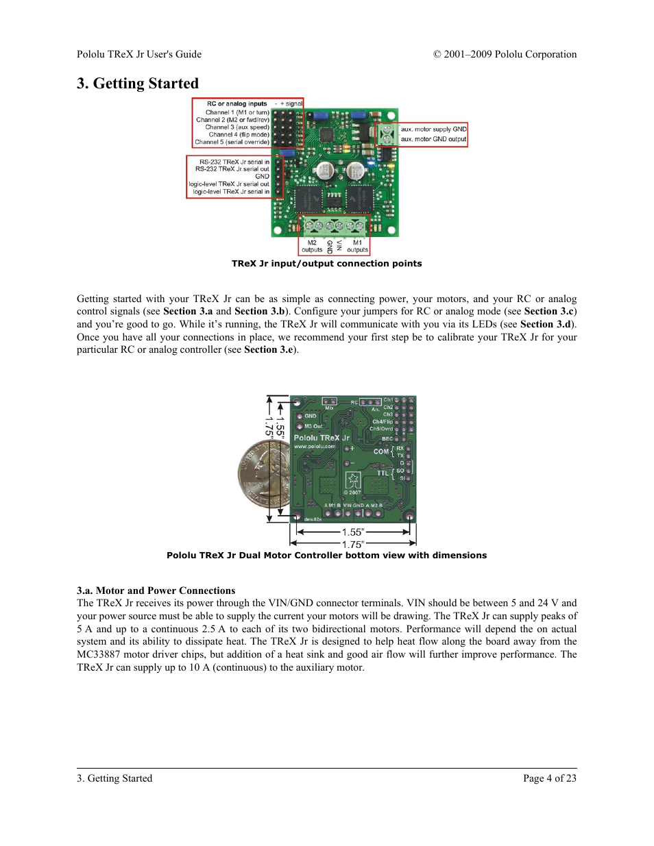 Getting started, A. motor and power connections | Pololu TReX Jr User Manual | Page 4 / 23