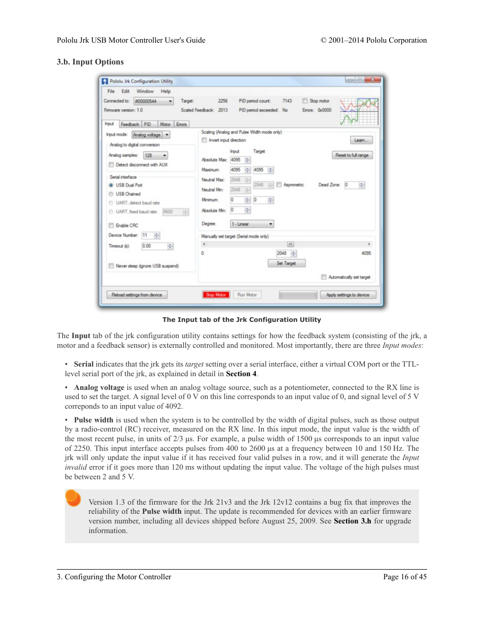 B. input options, Section 3.b | Pololu Jrk USB User Manual | Page 16 / 45