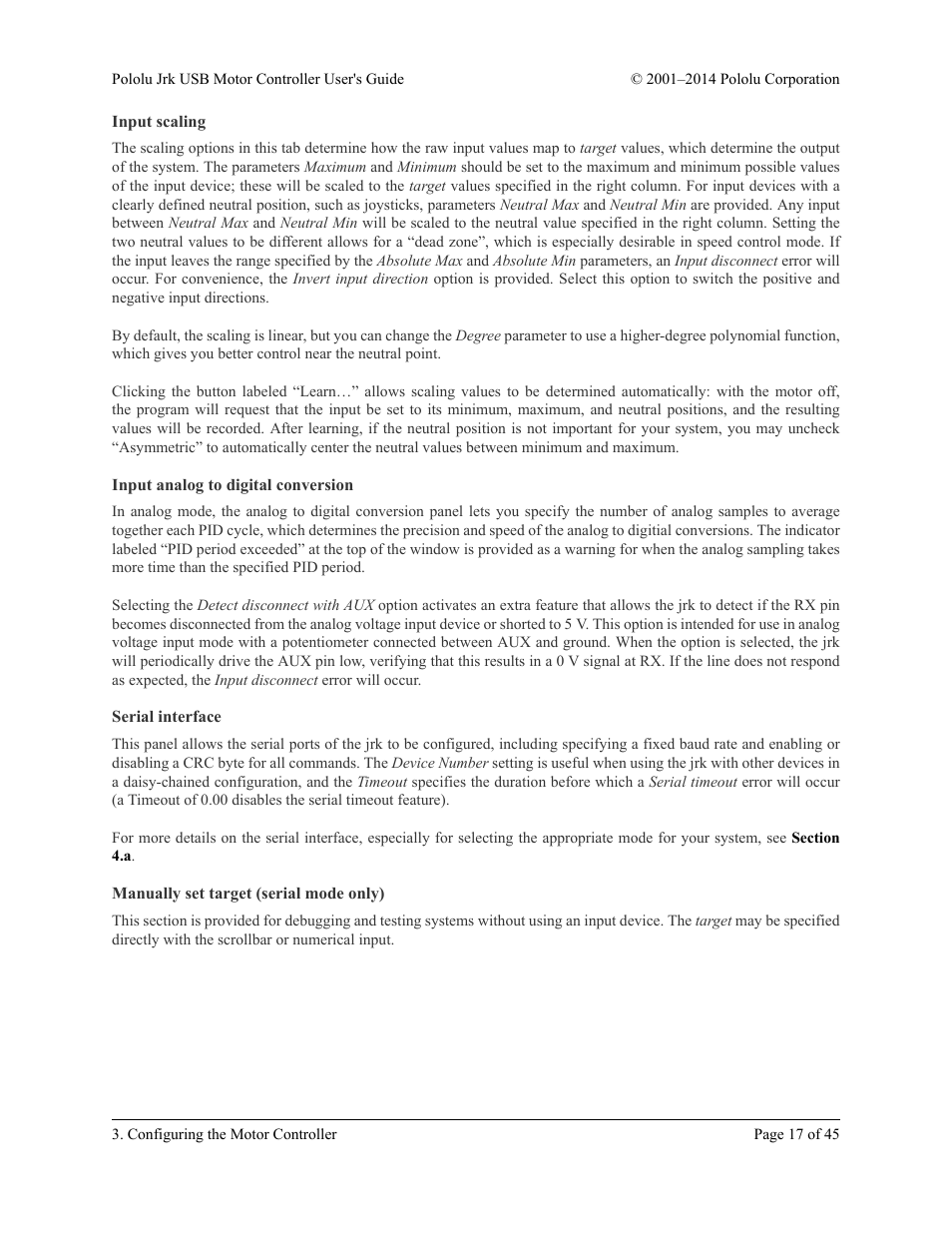 Input scaling, Input analog to digital conversion, Serial interface | Manually set target (serial mode only) | Pololu Jrk USB User Manual | Page 17 / 45