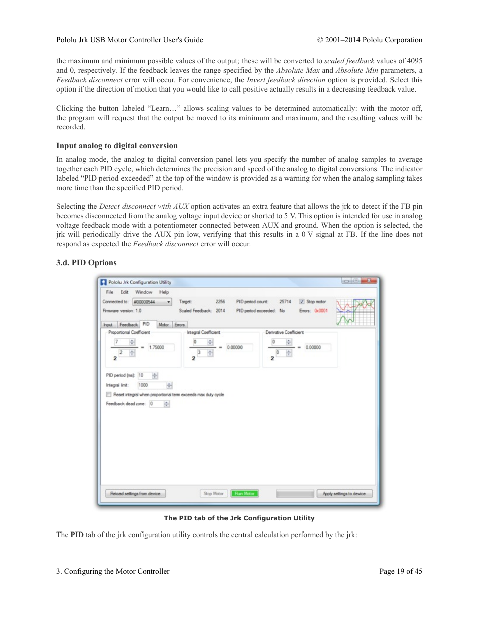 Input analog to digital conversion, D. pid options, Section | Pololu Jrk USB User Manual | Page 19 / 45