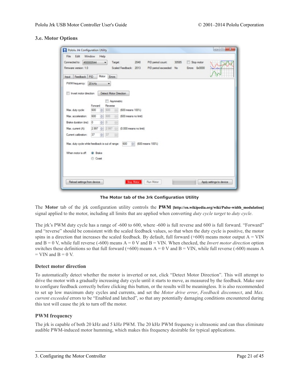 E. motor options, Detect motor direction, Pwm frequency | Section 3.e | Pololu Jrk USB User Manual | Page 21 / 45