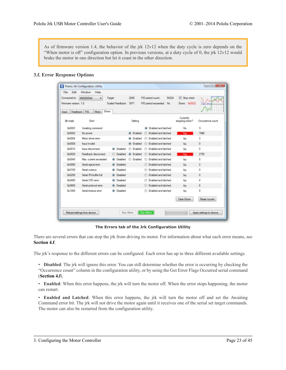 F. error response options, Section 3.f | Pololu Jrk USB User Manual | Page 23 / 45