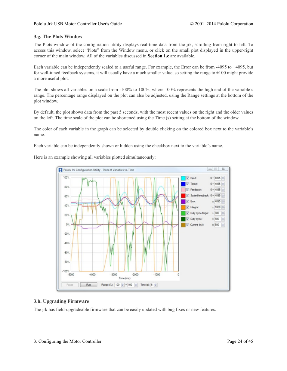 G. the plots window, H. upgrading firmware, G. the plots window 3.h. upgrading firmware | Pololu Jrk USB User Manual | Page 24 / 45