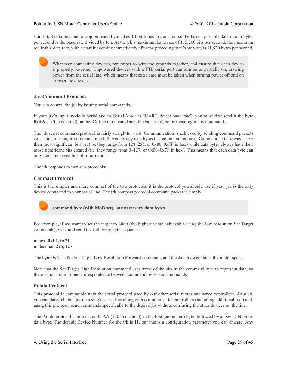 C. command protocols, Compact protocol, Pololu protocol | Pololu Jrk USB User Manual | Page 29 / 45