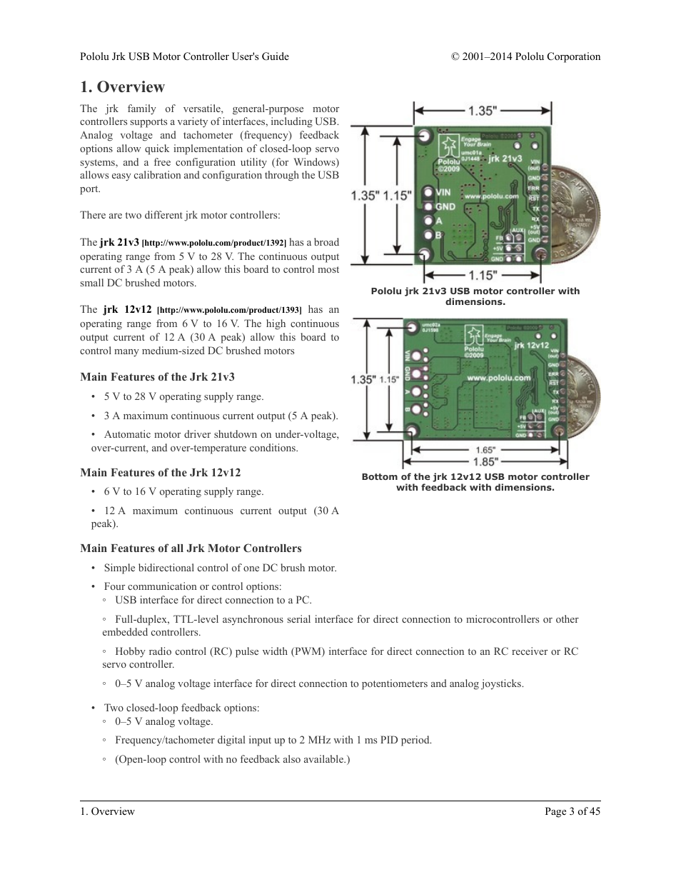 Overview, Main features of the jrk 21v3, Main features of the jrk 12v12 | Main features of all jrk motor controllers | Pololu Jrk USB User Manual | Page 3 / 45