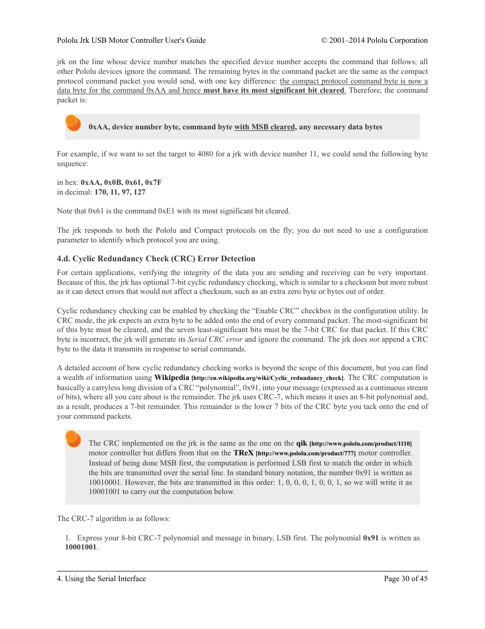 D. cyclic redundancy check (crc) error detection | Pololu Jrk USB User Manual | Page 30 / 45