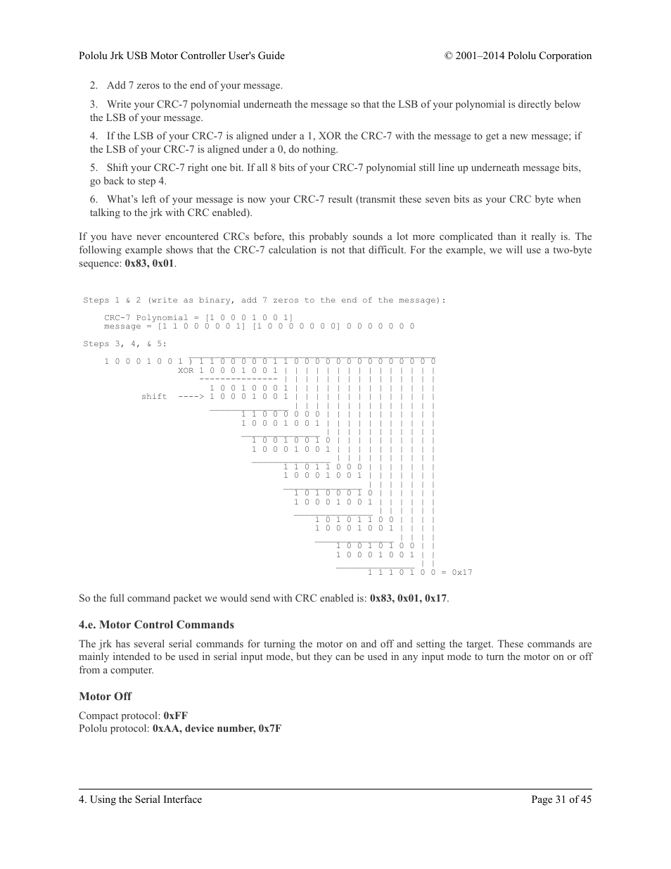 E. motor control commands, Motor off | Pololu Jrk USB User Manual | Page 31 / 45