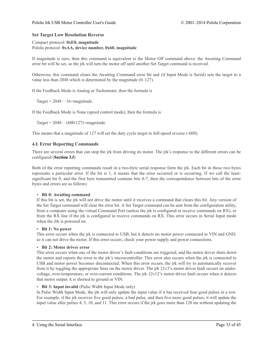 Set target low resolution reverse, F. error reporting commands, Section 4.f | Pololu Jrk USB User Manual | Page 33 / 45