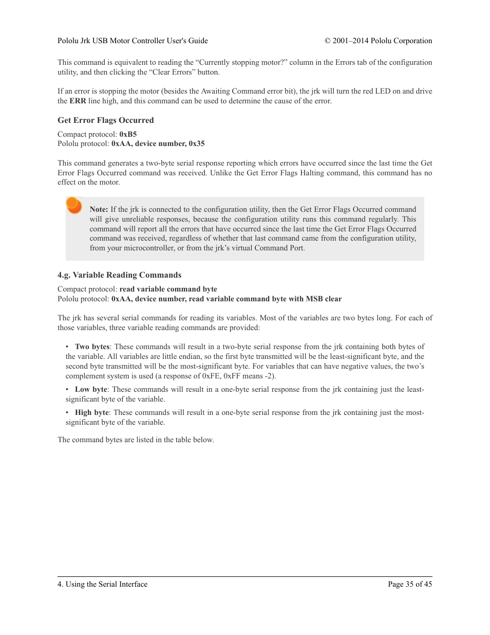 Get error flags occurred, G. variable reading commands | Pololu Jrk USB User Manual | Page 35 / 45
