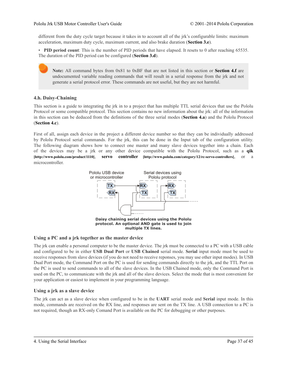 H. daisy-chaining, Using a pc and a jrk together as the master device, Using a jrk as a slave device | Pololu Jrk USB User Manual | Page 37 / 45