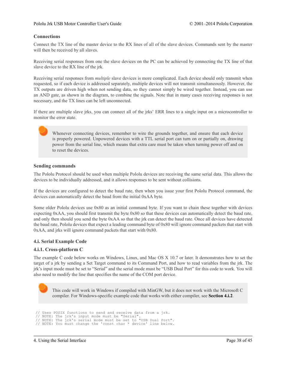 Connections, Sending commands, I. serial example code | I.1. cross-platform c | Pololu Jrk USB User Manual | Page 38 / 45