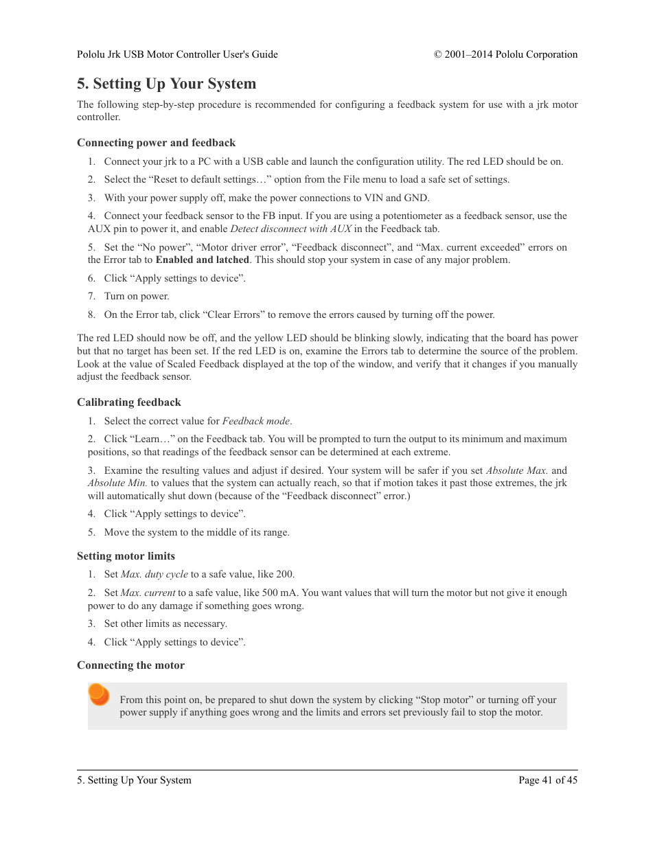 Setting up your system, Connecting power and feedback, Calibrating feedback | Setting motor limits, Connecting the motor | Pololu Jrk USB User Manual | Page 41 / 45