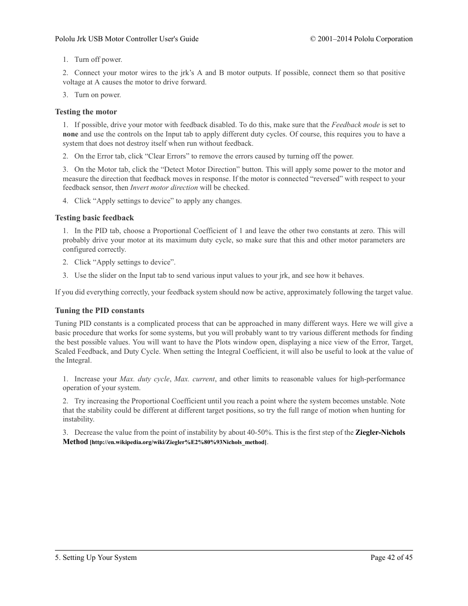 Testing the motor, Testing basic feedback, Tuning the pid constants | Pololu Jrk USB User Manual | Page 42 / 45