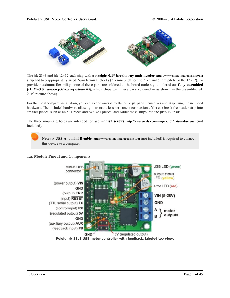 A. module pinout and components | Pololu Jrk USB User Manual | Page 5 / 45